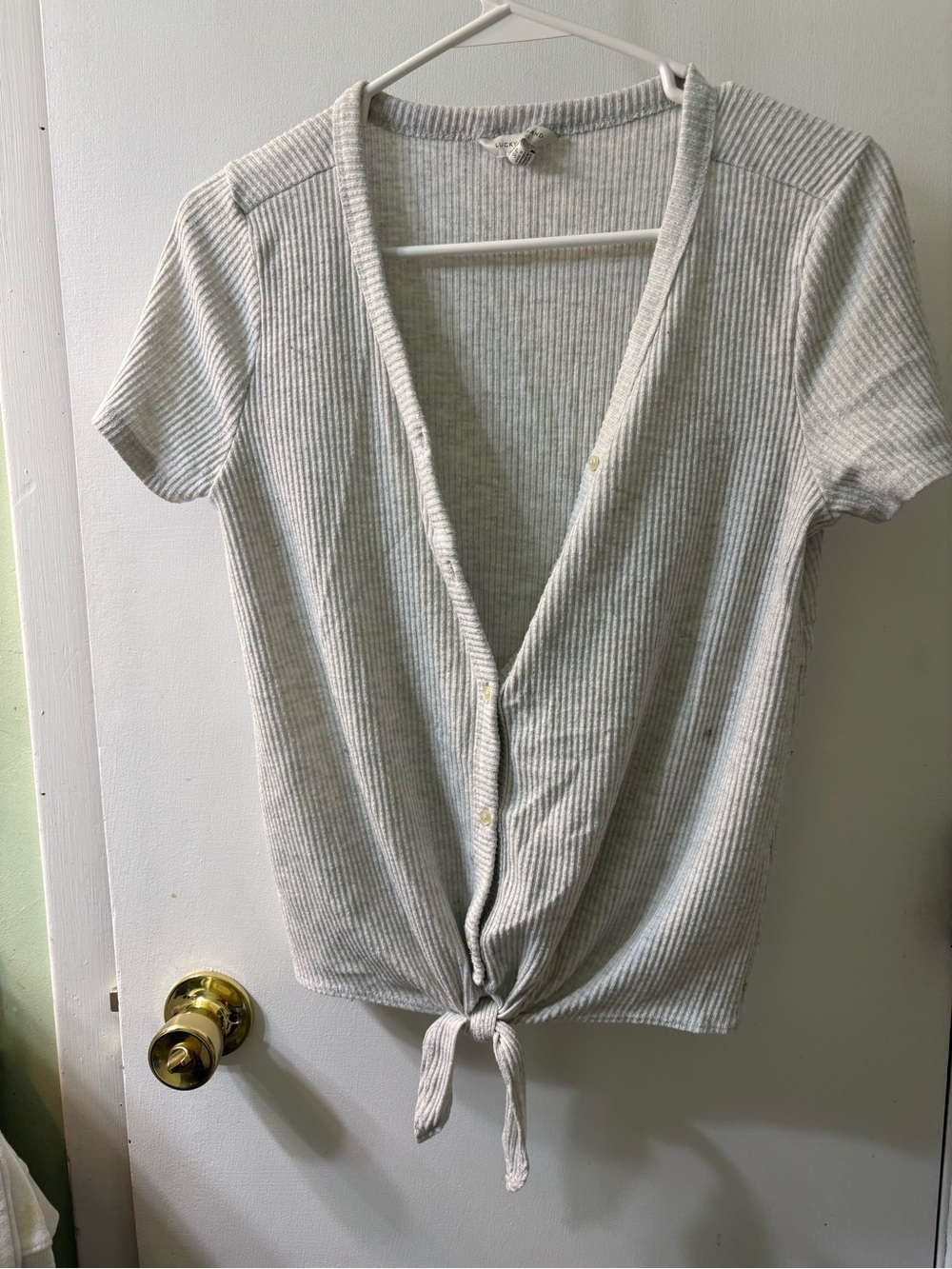 Lucky Brand Light Cream Ribbed Tie-Front Crop Top